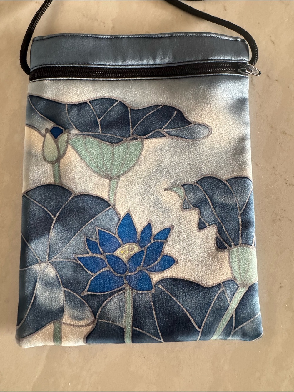 Blue Floral Crossbody Bag - Elegant Lotus Print 100% Silk Batik